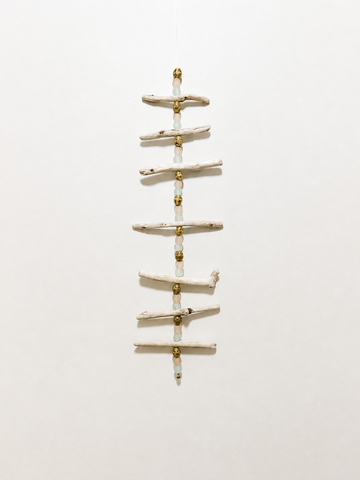Driftwood Sun Catcher Hanging with Sea Glass and Brass Beads